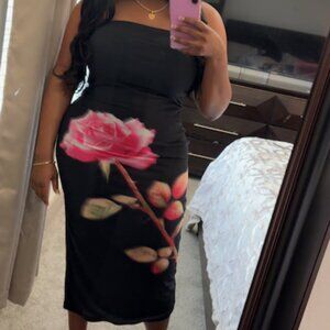 Madden Girl Black Strapless Tube Maxi Dress Pink Rose Floral Print Size L